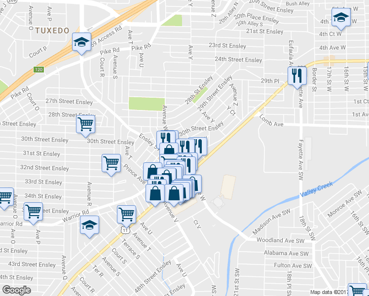 map of restaurants, bars, coffee shops, grocery stores, and more near 2321 30th Street Ensley in Birmingham