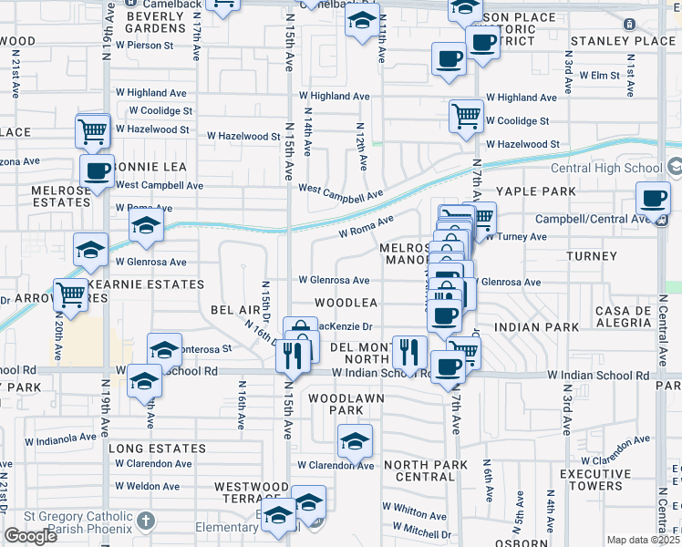 map of restaurants, bars, coffee shops, grocery stores, and more near 1142 West Turney Avenue in Phoenix