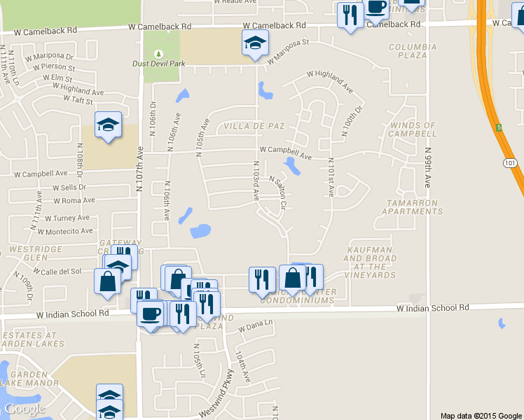 map of restaurants, bars, coffee shops, grocery stores, and more near 4372 North 103rd Avenue in Phoenix