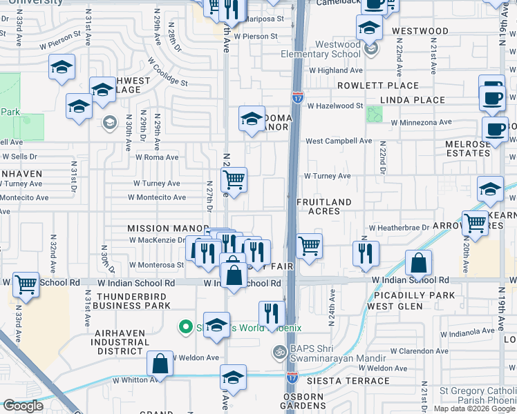 map of restaurants, bars, coffee shops, grocery stores, and more near 2602 West Glenrosa Avenue in Phoenix
