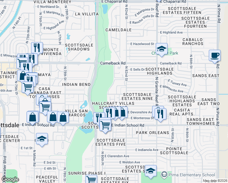 map of restaurants, bars, coffee shops, grocery stores, and more near 8120 East Glenrosa Avenue in Scottsdale