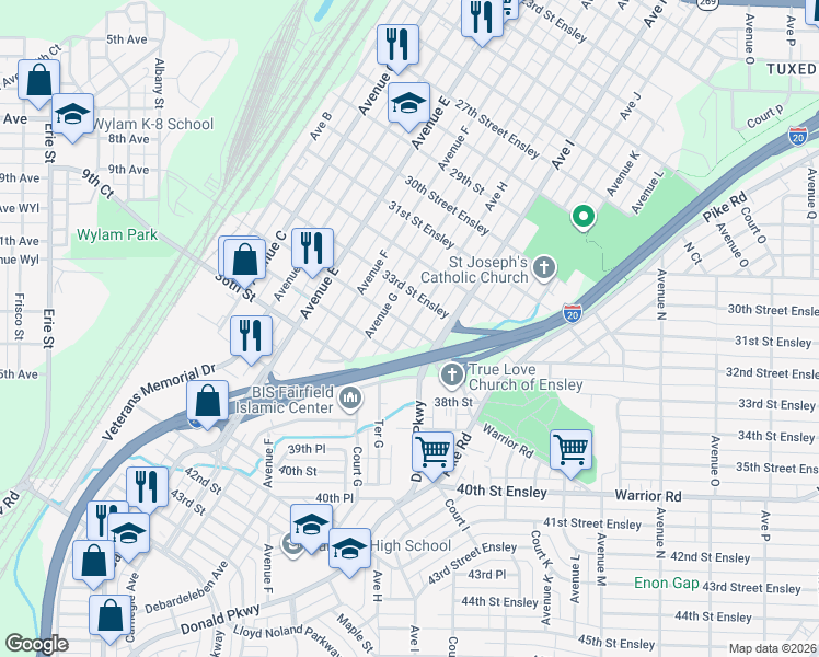 map of restaurants, bars, coffee shops, grocery stores, and more near 1405 34th Street in Birmingham