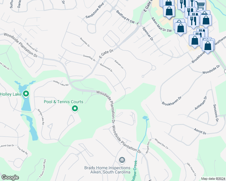 map of restaurants, bars, coffee shops, grocery stores, and more near 204 Crane Court in Aiken