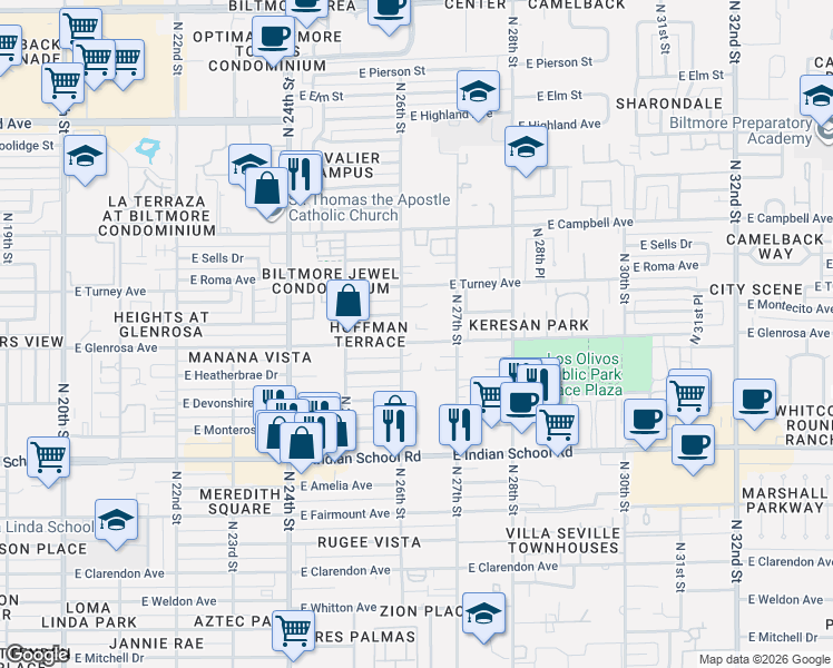 map of restaurants, bars, coffee shops, grocery stores, and more near 2546 East Montecito Avenue in Phoenix