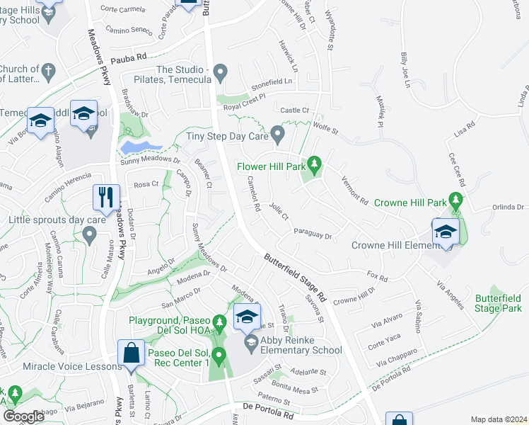 map of restaurants, bars, coffee shops, grocery stores, and more near 42758 Camelot Road in Temecula