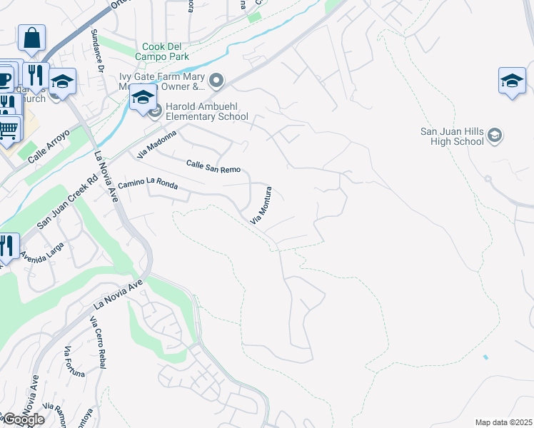 map of restaurants, bars, coffee shops, grocery stores, and more near 31932 Via Montura in San Juan Capistrano