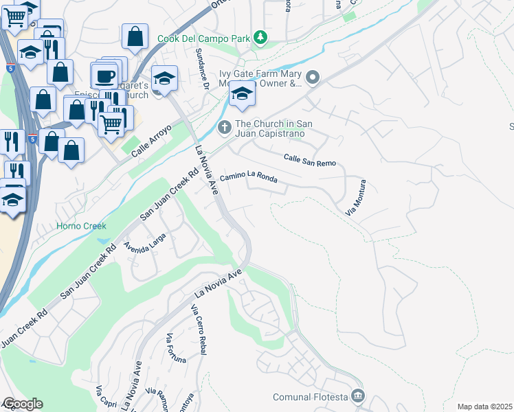 map of restaurants, bars, coffee shops, grocery stores, and more near 27902 Via Madrina in San Juan Capistrano