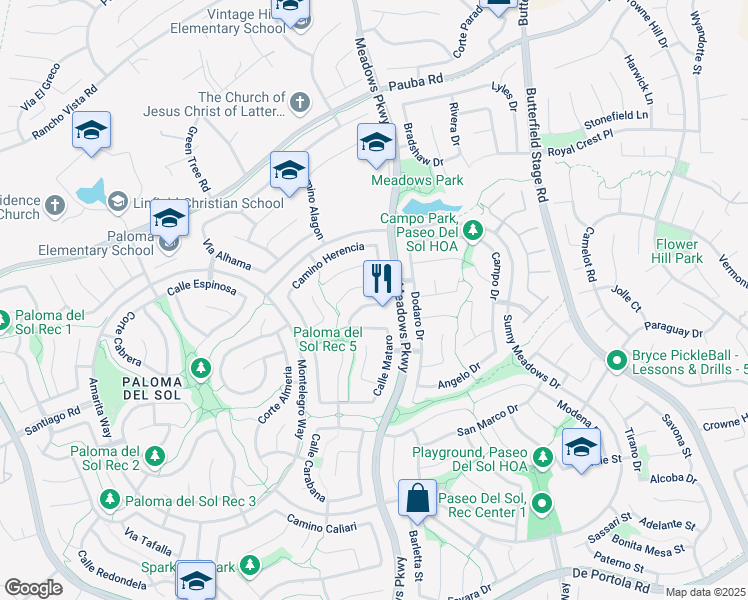 map of restaurants, bars, coffee shops, grocery stores, and more near 32276 Vía Arias in Temecula