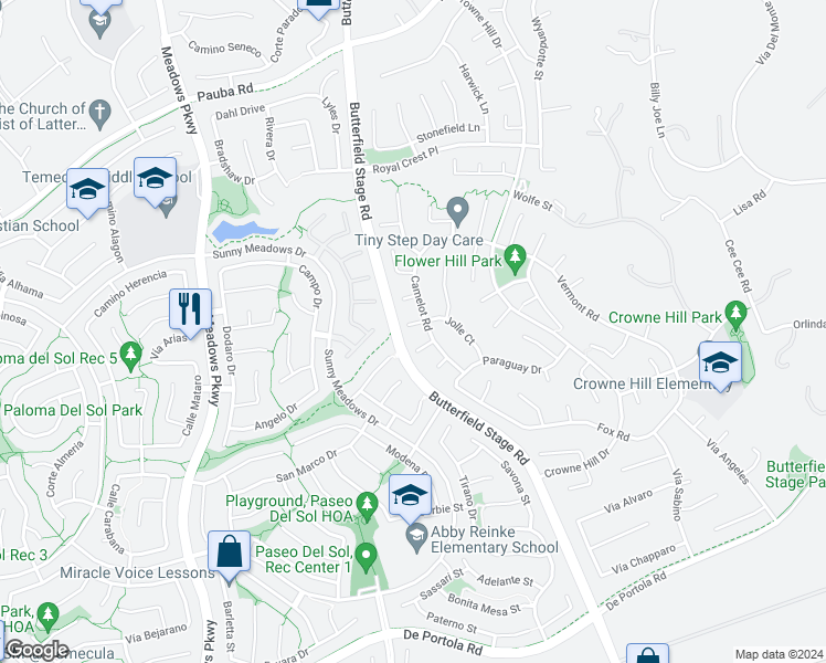 map of restaurants, bars, coffee shops, grocery stores, and more near 32831 San Juan Court in Temecula