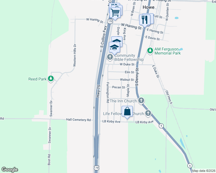 map of restaurants, bars, coffee shops, grocery stores, and more near 705 Farmington Road in Howe