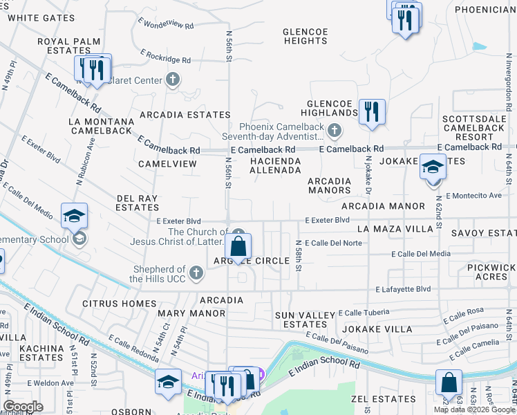 map of restaurants, bars, coffee shops, grocery stores, and more near 4340 North 57th Place in Phoenix