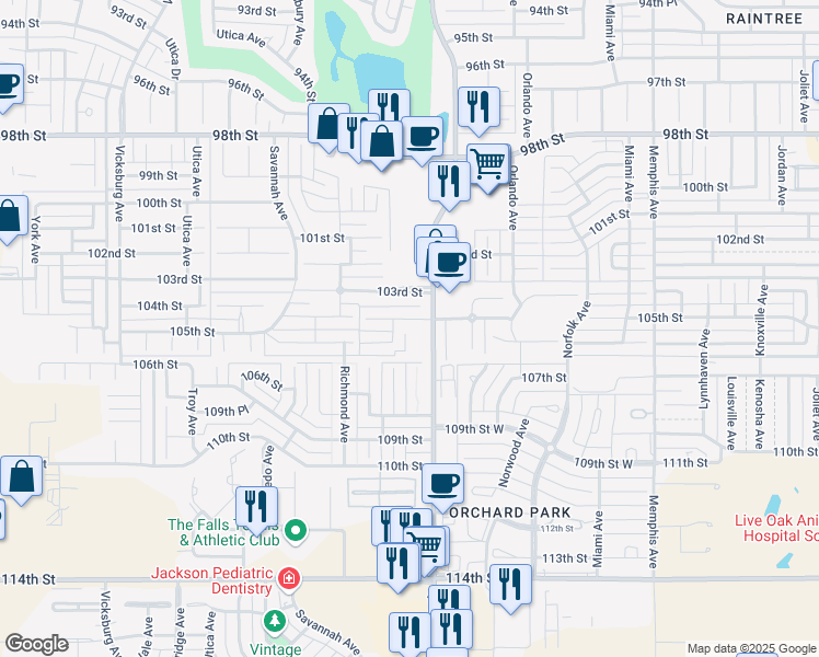 map of restaurants, bars, coffee shops, grocery stores, and more near 4404 105th Street in Lubbock
