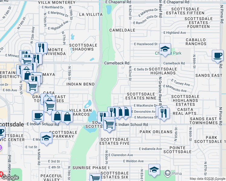 map of restaurants, bars, coffee shops, grocery stores, and more near 4325 North Hayden Road in Scottsdale