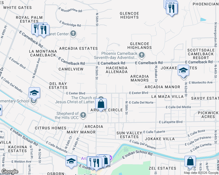 map of restaurants, bars, coffee shops, grocery stores, and more near 4340 North 57th Place in Phoenix