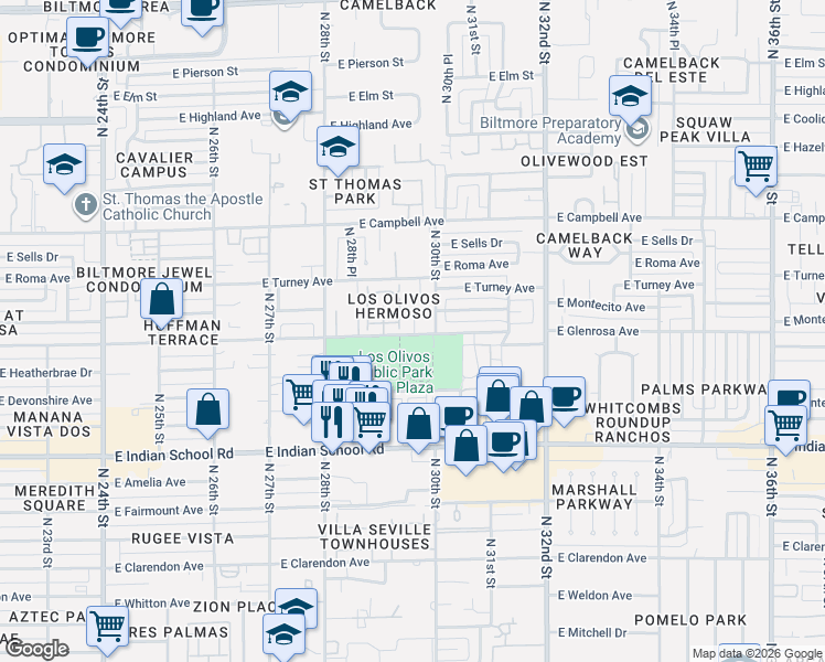 map of restaurants, bars, coffee shops, grocery stores, and more near 4315 North 29th Place in Phoenix