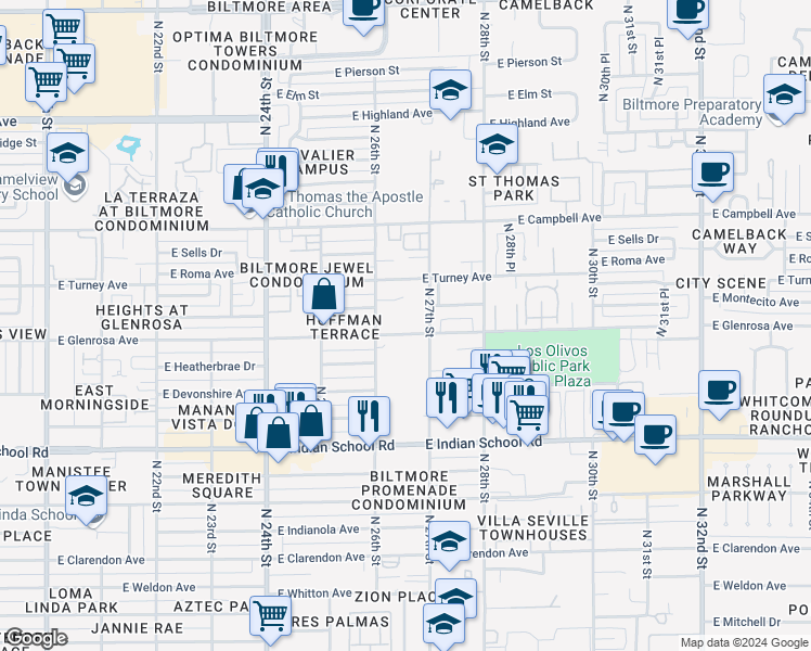 map of restaurants, bars, coffee shops, grocery stores, and more near 4320 North 27th Street in Phoenix