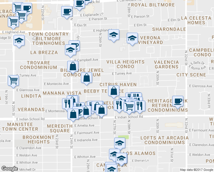 map of restaurants, bars, coffee shops, grocery stores, and more near 4320 North 27th Street in Phoenix