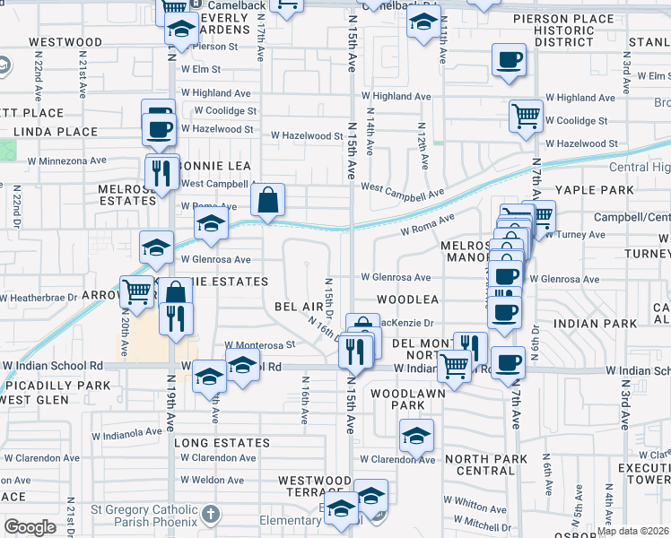 map of restaurants, bars, coffee shops, grocery stores, and more near 4321 North 15th Drive in Phoenix