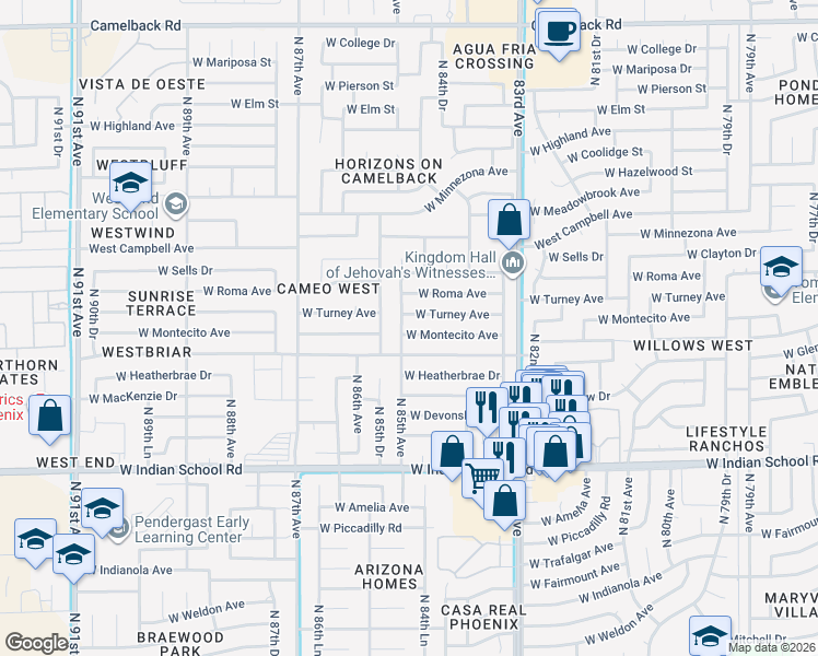 map of restaurants, bars, coffee shops, grocery stores, and more near 8448 West Turney Avenue in Phoenix
