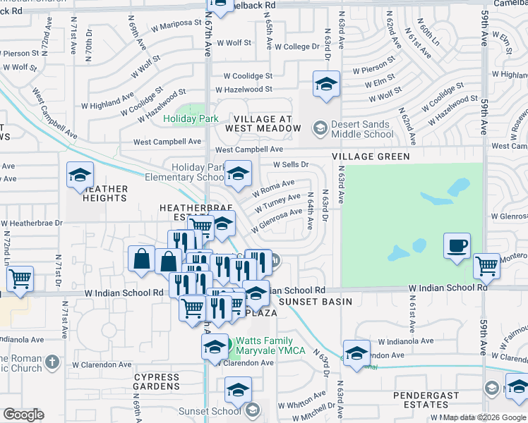 map of restaurants, bars, coffee shops, grocery stores, and more near 6514 West Turney Avenue in Phoenix