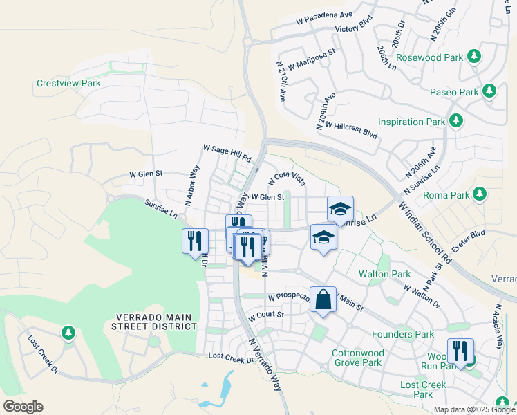 map of restaurants, bars, coffee shops, grocery stores, and more near 21034 West Elm Way in Buckeye