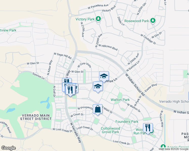 map of restaurants, bars, coffee shops, grocery stores, and more near 20882 West Glen Street in Buckeye
