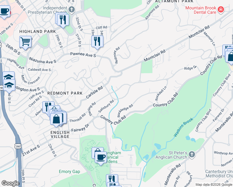 map of restaurants, bars, coffee shops, grocery stores, and more near 3212 Sterling Road in Birmingham