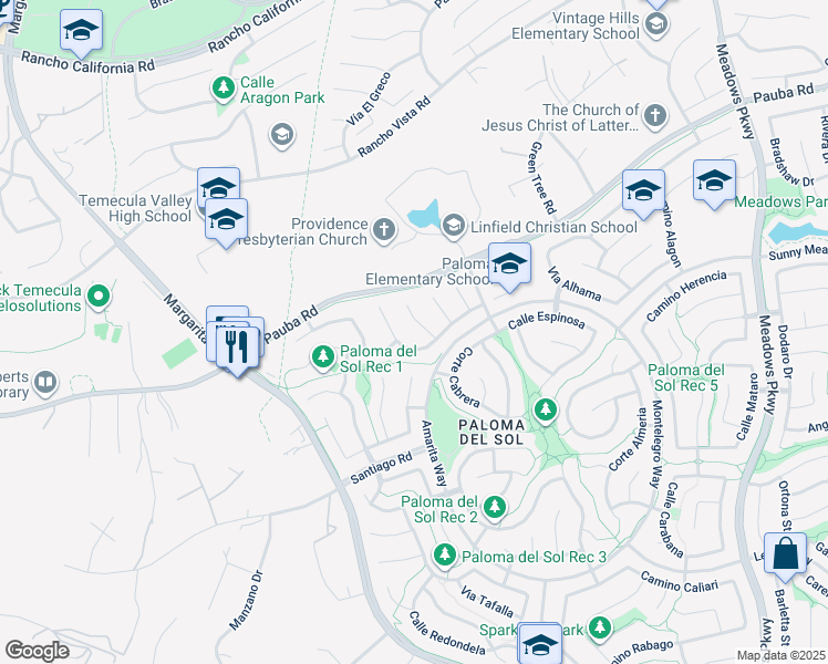 map of restaurants, bars, coffee shops, grocery stores, and more near 42961 Corte Abanilla in Temecula