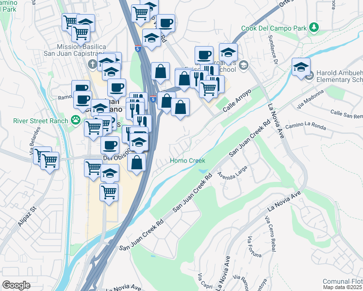 map of restaurants, bars, coffee shops, grocery stores, and more near 31992 Via Refrescar in San Juan Capistrano