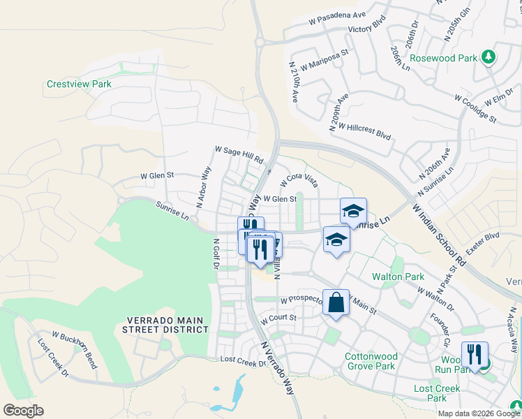 map of restaurants, bars, coffee shops, grocery stores, and more near 21060 West Elm Way Court in Buckeye