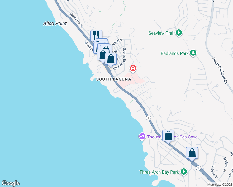 map of restaurants, bars, coffee shops, grocery stores, and more near 31889 Circle Drive in Laguna Beach