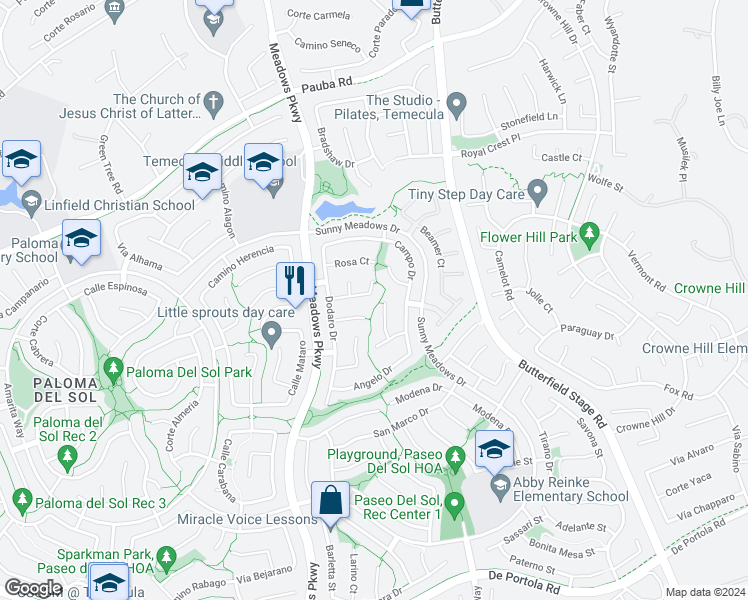 map of restaurants, bars, coffee shops, grocery stores, and more near 32493 Palacio Street in Temecula