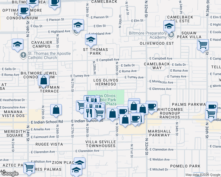 map of restaurants, bars, coffee shops, grocery stores, and more near 4315 North 29th Place in Phoenix