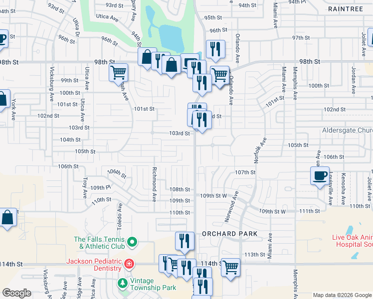 map of restaurants, bars, coffee shops, grocery stores, and more near 4405 105th Street in Lubbock