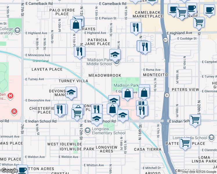 map of restaurants, bars, coffee shops, grocery stores, and more near 4324 North 13th Place in Phoenix
