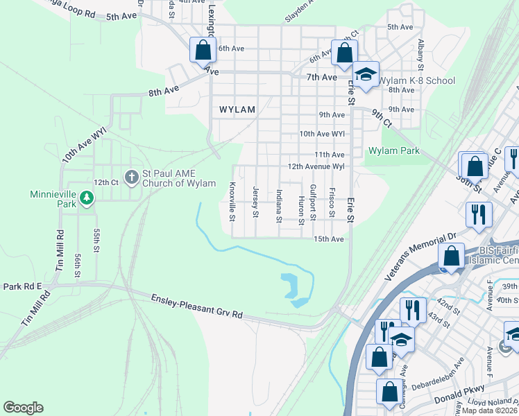 map of restaurants, bars, coffee shops, grocery stores, and more near 1305 Jersey Street in Birmingham