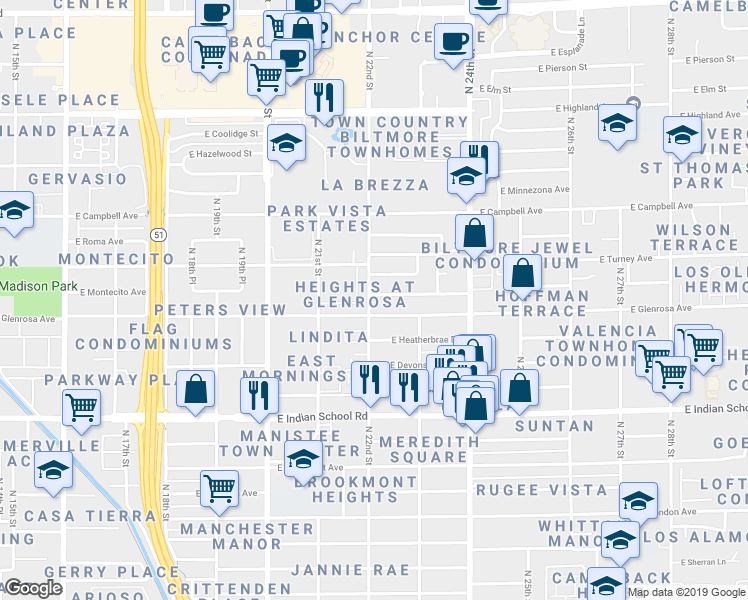 map of restaurants, bars, coffee shops, grocery stores, and more near 4301 North 21st Street in Phoenix