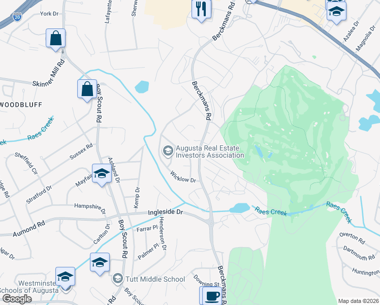 map of restaurants, bars, coffee shops, grocery stores, and more near 2704 West Terrace Drive in Augusta
