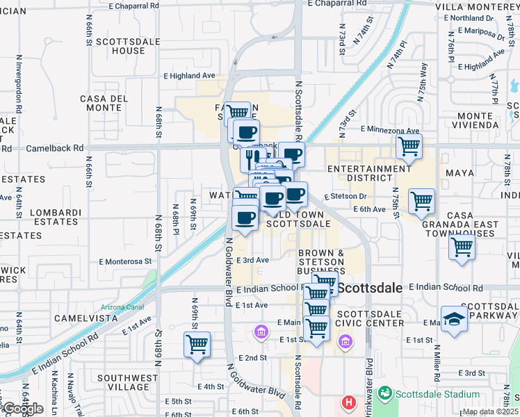 map of restaurants, bars, coffee shops, grocery stores, and more near 7114 East Stetson Drive in Scottsdale