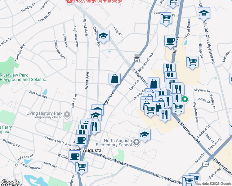 map of restaurants, bars, coffee shops, grocery stores, and more near 826 Georgia Avenue in North Augusta