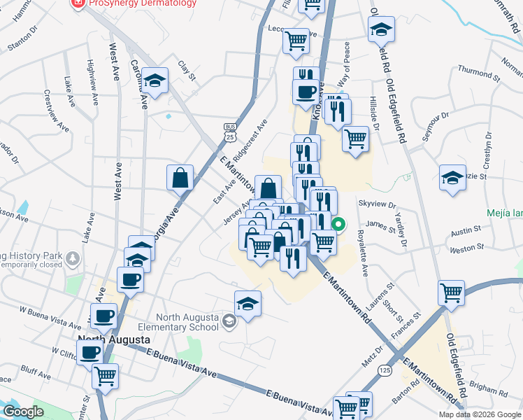 map of restaurants, bars, coffee shops, grocery stores, and more near 306 East Martintown Road in North Augusta