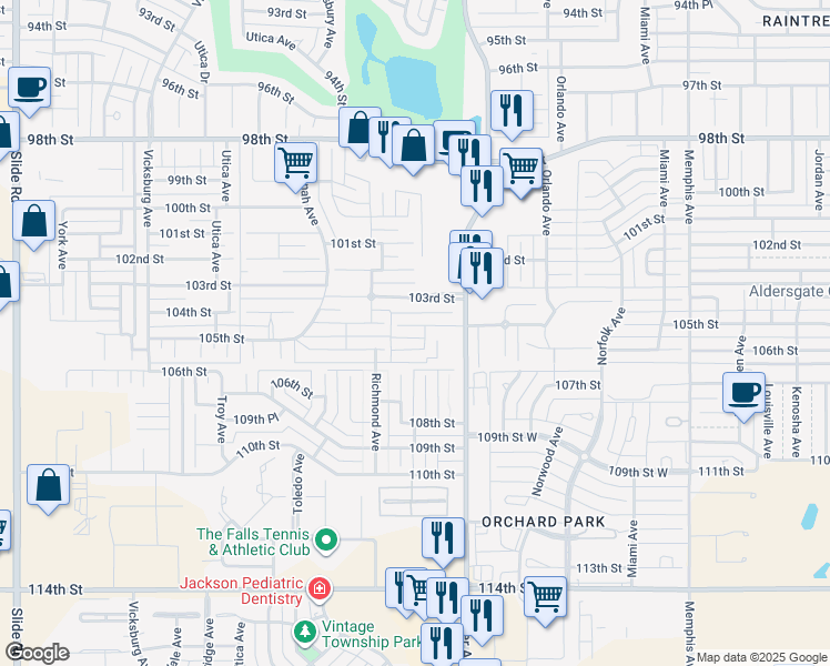 map of restaurants, bars, coffee shops, grocery stores, and more near 4415 105th Street in Lubbock