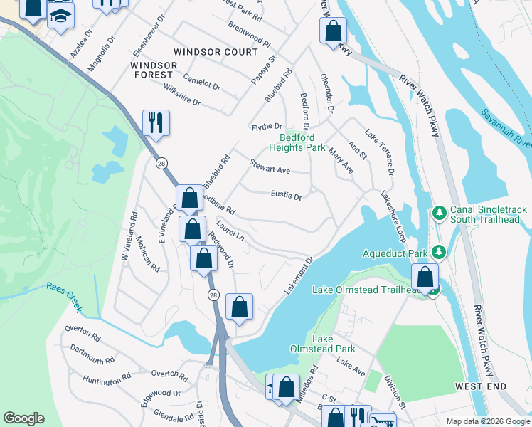 map of restaurants, bars, coffee shops, grocery stores, and more near 2323 Woodbine Road in Augusta