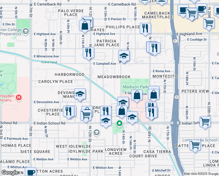 map of restaurants, bars, coffee shops, grocery stores, and more near 4318 North 13th Place in Phoenix