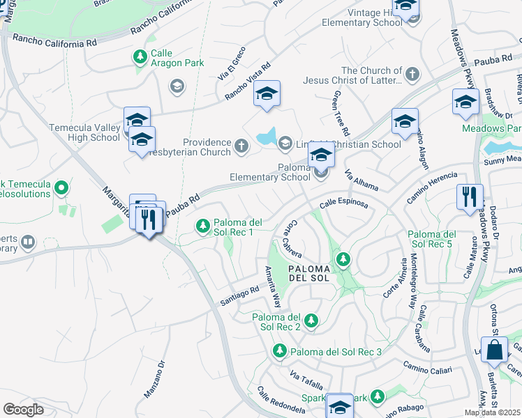 map of restaurants, bars, coffee shops, grocery stores, and more near 42961 Corte Abanilla in Temecula