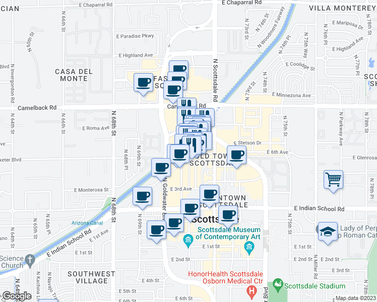 map of restaurants, bars, coffee shops, grocery stores, and more near 7114 East Stetson Drive in Scottsdale