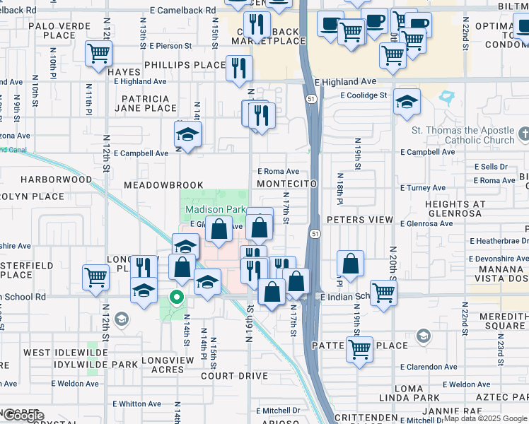 map of restaurants, bars, coffee shops, grocery stores, and more near 1618 East Montecito Avenue in Phoenix