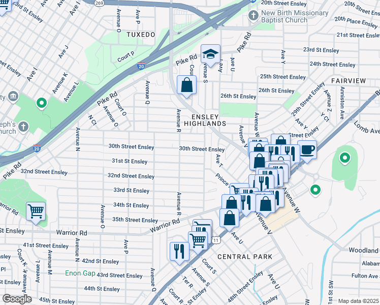 map of restaurants, bars, coffee shops, grocery stores, and more near 1814 30th Street Ensley in Birmingham