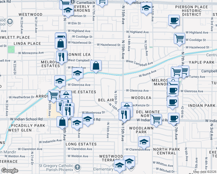 map of restaurants, bars, coffee shops, grocery stores, and more near 4352 North 16th Avenue in Phoenix