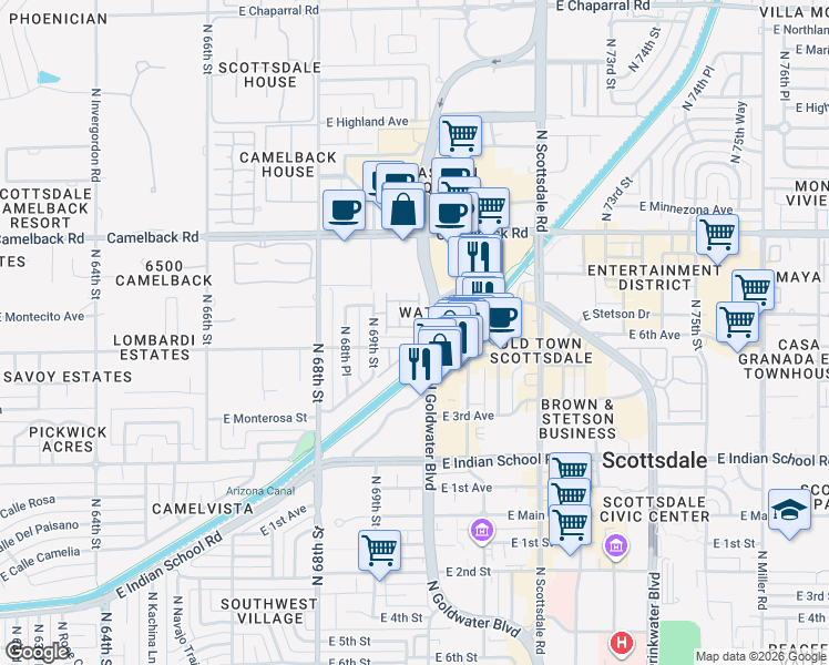 map of restaurants, bars, coffee shops, grocery stores, and more near 4327 North 69th Way in Scottsdale